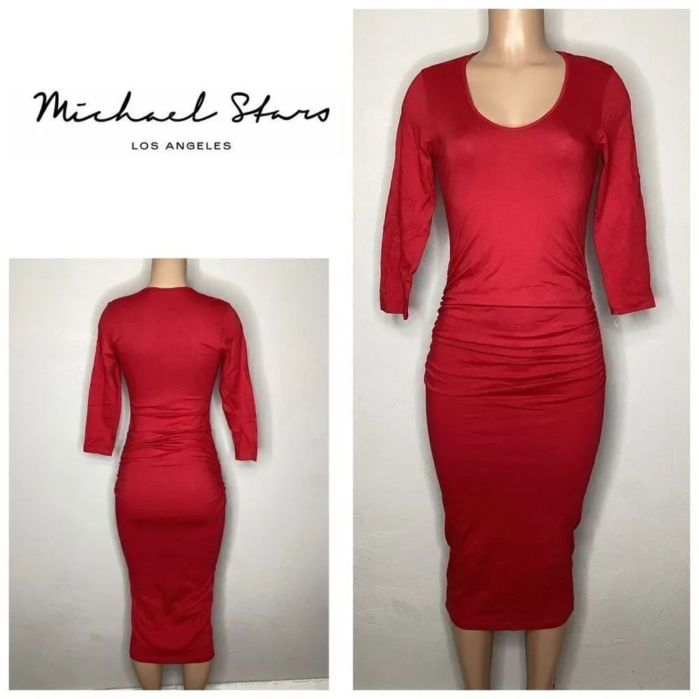 Michael Stars black ruched midi dress. New
